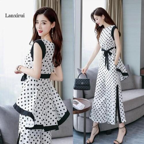 Summer fashion womens clothing chiffon ruffles sleeveless sashes bow irregular slited dot printing two-piece womens sets