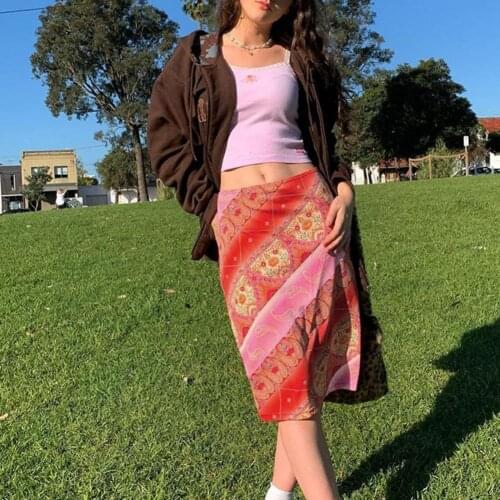 Fashion Summer Women Boho- Beach Casual Style Skirts Female Low Waist Floral Printing Orange Midi Skirt Party Holiday Clothing