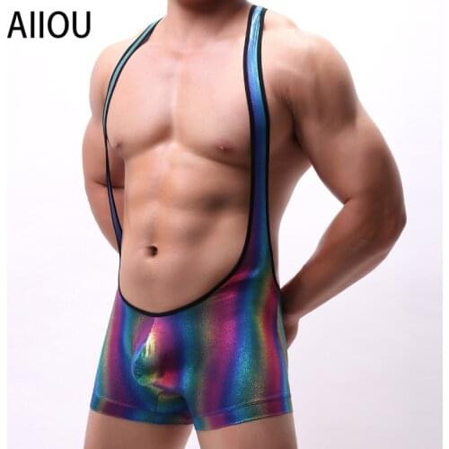 AIIOU Mens Nylon Jumpsuit Rainbow Color Gay Shirt Mens Wrestling Singlet Casual Tight Underwear Sling Stage Performance Wear