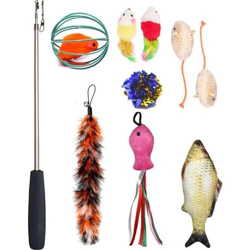 11PCS Cat Toy Set Catnip Toys Set Funny Cat Stick Bell Ball Feather Toy Assorted Cat Cat Play Toy Cat Mice Toy Cat Toy Ball