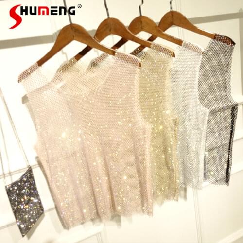 2021summer New Light Diamond Vest Bright Hollow Rhinestone Fairy Thin Mesh Shirt Womens Fashion Top