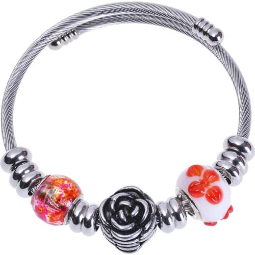 Stainless steel bracelet glass rose blackened retro Bracelet womens metal titanium steel bracelet open Bracelet