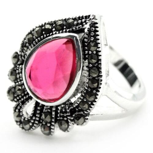 Wholesale good 25*20mm FACETED PINK RUBY DROP GEMS MARCASITE 925 SILVER RING SZ 7/8/9/10 Fine mans jewelry Genuine Wedding