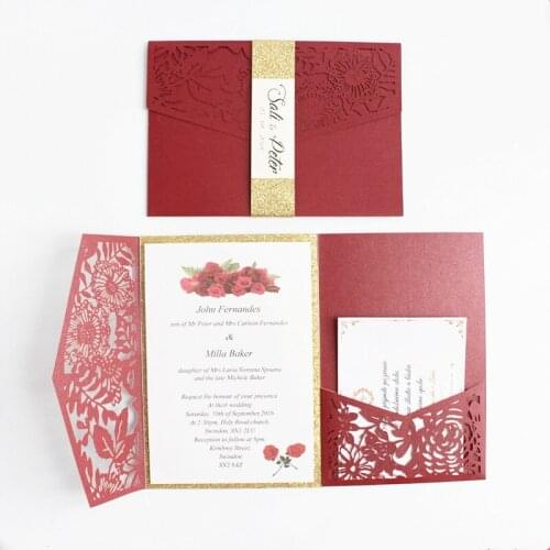 Luxury pocketfold wedding invitations high quality burgundy blue pink hollow party invitation set free shipping free printing