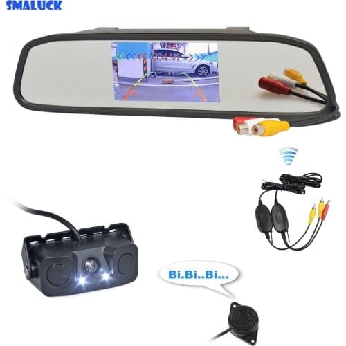 SMALUCK Wireless 4.3" Car Mirror Monitor Waterproof Video Parking Radar Sensor Car LED Camera Auto Parking Monitor System
