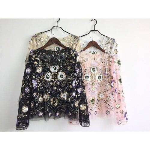Embroidery flower sweet long sleeve nail bead party dress lace sequins render unlined upper garment unlined upper garment