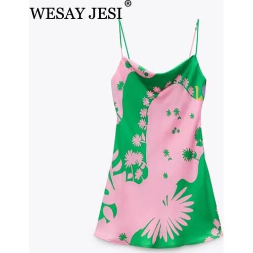 WESAY JESI Womens Clothing ZA Dress Slip Women Pink Satin Dress Woman Green Print Backless Summer Strap Mini Beach Dresses