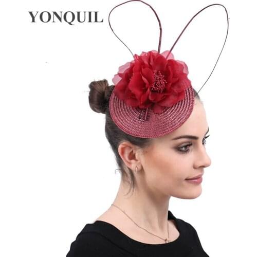 Wine Red Cocktail Church Fascinators Ladies Silk Flower Accessories Hair Clips Headwear Feather Flower Hairpins Party Headpieces