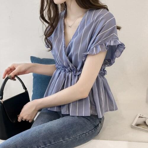 IMucci Women Ruffles Butterfly Sleeve Spandex Striped Blouse V-Neck Lettuce Trim Elastic Waist Shirt