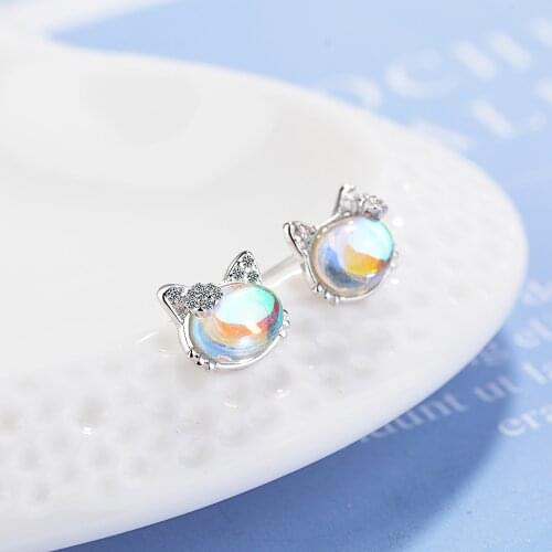 925 Sterling Silver Opal Cat Stud Earrings For Women Party Wedding Jewelry Pendientes Prevent allergy eh966