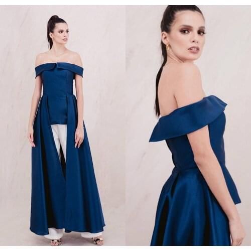 Women Jumpsuit With Long Train Blue Evening Dresses Off Shoulder Sweep Train Elegant Prom Dress Party Dress Vestidos Festa