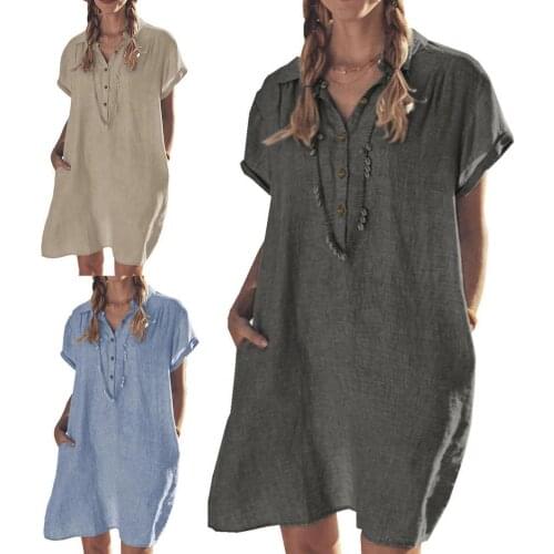 Women Summer Dress Shirt Dress Solid Color Pockets Dress 2021 New Fashion Women Short Sleeve Lapel Buttons Dress for Dating
