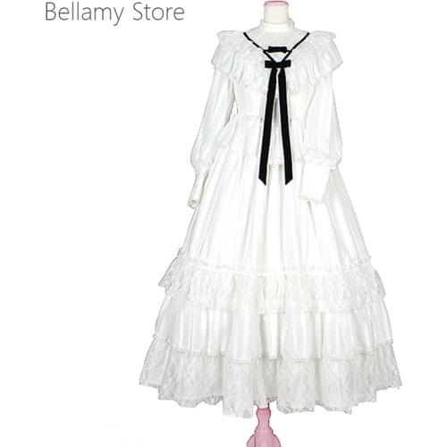 Retro Japanese white Romantic Flower Wedding Princess everyday Lolita lace lotus leaf long sleeve dress long skirt