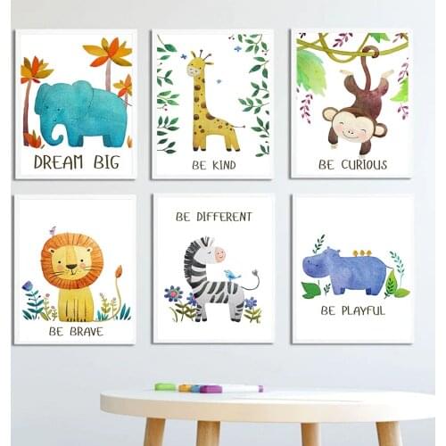 Giraffe Zebra Elephant Lion Monkey Rhinoceros Nordic Posters And Prints Wall Art Canvas Painting Wall Pictures Kids Room Decor