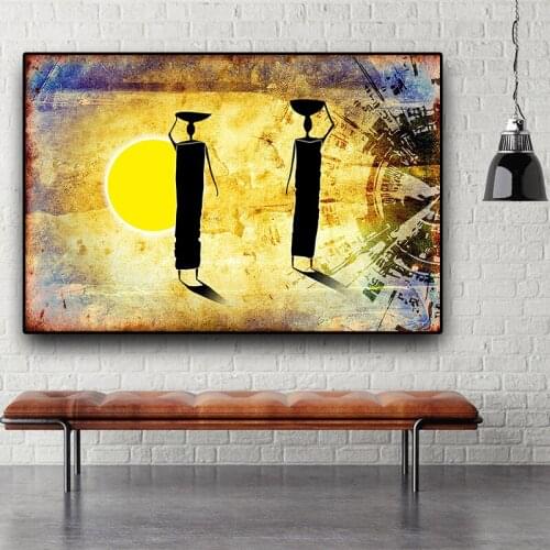 Gold Sunset African Woman Figure Abstract Oil Painting on Canvas Posters and Prints Cuadros Wall Art Picture for Living Room