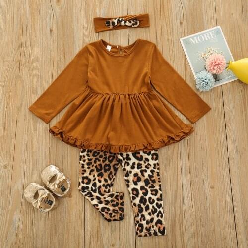 2021 Spring Fall Toddler Clothing Kids Baby Girls Ruffle Long Sleeve A-Line Dress Leopard Pants Headwear 3pcs Outfits Set 1-4Y