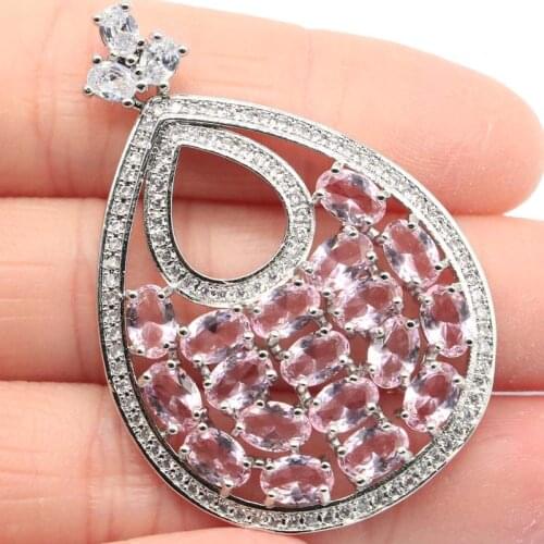 46x31mm Deluxe Long Big Created Pink Kunzite White Bright Cubic Zircon For Ladies Wedding Silver Pendant