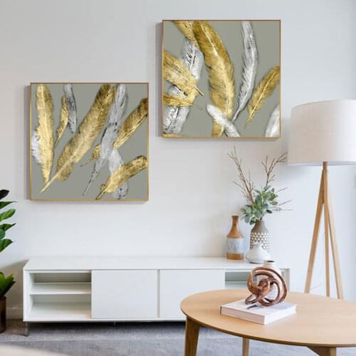 Abstract Golden Feather Canvas Painting Gold Poster and Print Modern Wall Art Picture for Living Room Aisle Pluma Cuadros Salon