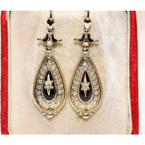 Antique Victorian Style New Made 14k Gold Natural Diamond And Enamel Decorated Pretty Earring