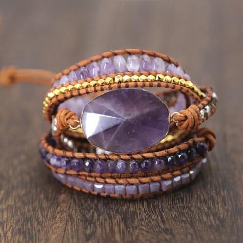LZHLQ Natural Stone Bracelet Purple Quartz Leather Wrap Bracelets for Women Rose Gems Crystal Beads Bohemia Jewelry 5 Strands