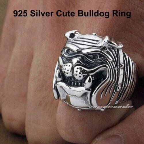 Solid 925 Sterling Silver Cool Mens Knight Cute Bulldog Ring Huge and Heavy Punk Retro Fashion Ring 8E011 US Size 8~14