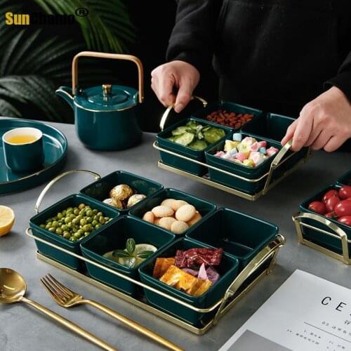 Creative Grid Ceramic Fruit Platter Table Decoration Dried Fruit Candy Snack Plate Hotel Service Tray Desktop Decoration