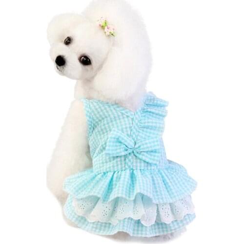 Summer Bowknot Plaid Dog Clothes Pet Cotton Bow Princess Breathable Skirt Dog Dress With Flower