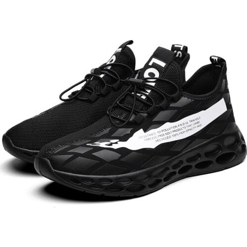 Men Running Shoes Knitted Breathable Comfortable Sports Shoes Adult Teenager Tennis Casual Sneakers Summer Male Shoes Black