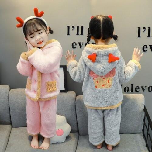Autumn and Winter New Girls' Home Service Suit Korean Version of Childrens Flannel Pajamas for Children Cold and Warm Pajamas