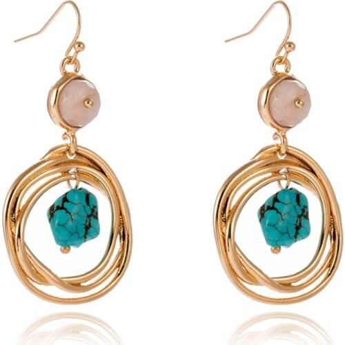 FYSL Light Yellow Gold Color Wire Wrap Hollow with Irregular Shape Green Turquoises Stone Dangle Earrings Trendy Jewelry