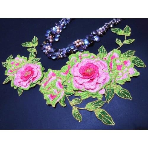 Size34*13cm-2Pcs 3D Pink Sewing Floral Flower Motif Emroidered Lace Applique for Garment Embroidery Lace patch