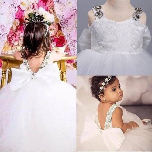 Crystal Flower Girl Dresses for Wedding with Big Bow Party Puffy Tulle Kids Clothes Children Infant Birthday Gowns