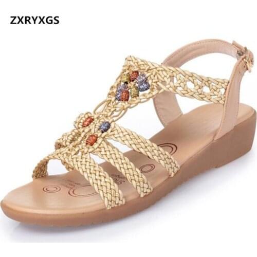 2019 New Summer Fashion Sandals Bead Real Leather Shoes Sandals Handmade Woven Student Women Slippers Soft Bottom Women Sandals