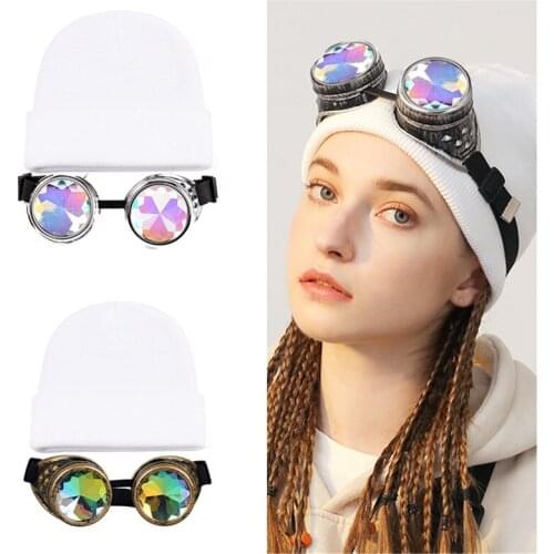 Glasses Beanies Kaleidoscope Rave Goggles Steampunk Glasses with Rainbow Crystal Glass Lens Knitted hat Wholesale