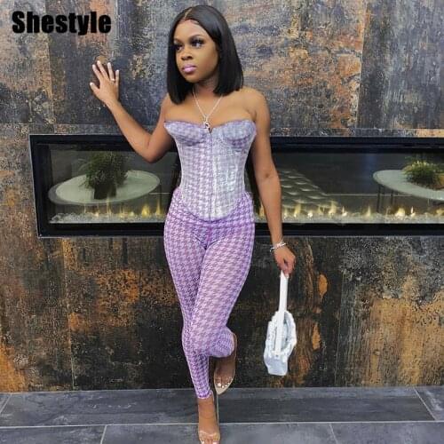 Shestyle Bone Strapless Tops Aymmestrical Sexy Pencil Pants Clubwear Stylish 2 Two Pieces Sets Women High Street Purple Spring