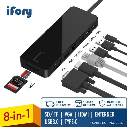 IFory Type C Hub,USB C Adapter with HDMI, Ethernet, 2 USB 3.0, SD/TF Card Reader, 100W Pd Charging,Type C Ports for MacBook Pro