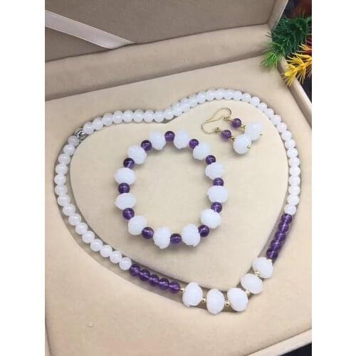 Zheru Jewelry Solo Pure Natural Hetian White Jade Lotus Bead Necklace 6mm Bead Bracelet Amethyst Earrings Elegant Set Certifica