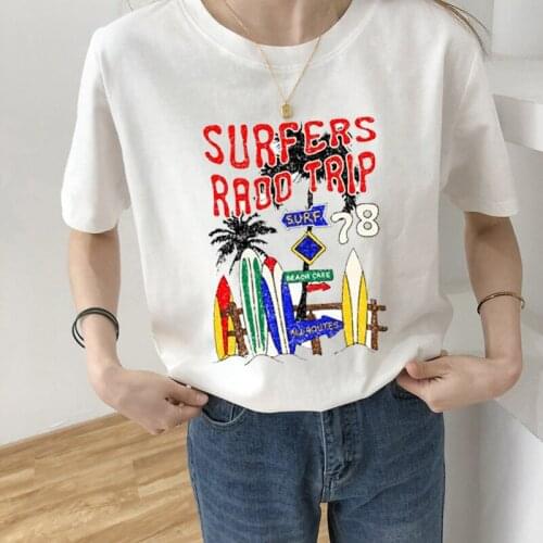 Surf Trip Summer Womens Fashion St Large Size Casual Harajuku Cartoon Letters ulzzang Take Trip Short Sleeve Funny Half T-Shirt