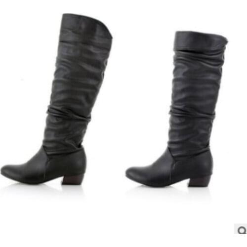 Lady Big Size 34-43 Velvet Pleated Patent Leather Over Knee Motorcycle Winter Autumn Booty Height Heel Boots Women Shoes Brown