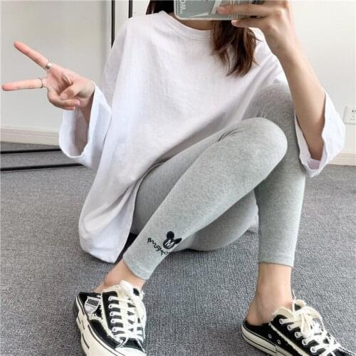 Womens Mickey cartoon letter embroidered leggings Womens stretch cotton feet pants Slim nine-point leggings