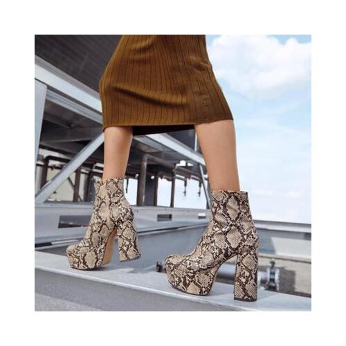 Women Autumn Winter Motorcycle Ankle Boots Sexy High Heels Platform Round Toe Snake Skin Leather Print Booties Party Dance shoes