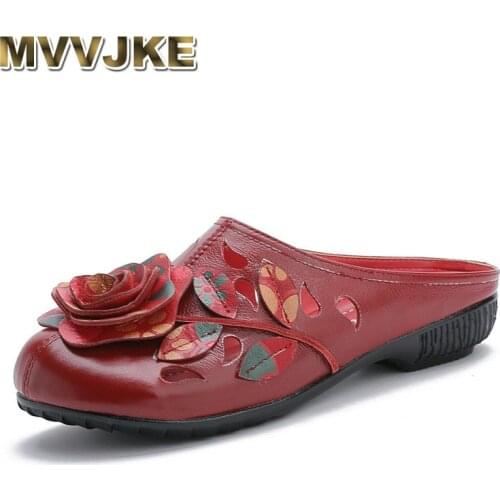 MVVJKE 2019 Summer Genuine Leather Women Slippers Cover Toes Handmade Flower Vintage Style Women Slides Flat with Shoes Woman