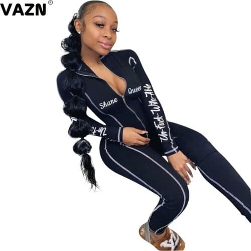 VAZN 2020 Autumn Hot Letter Simple Young Daily Full Sleeve Free High Waist Slim Tracksuits Women Skinny Pencil Jumpsuits