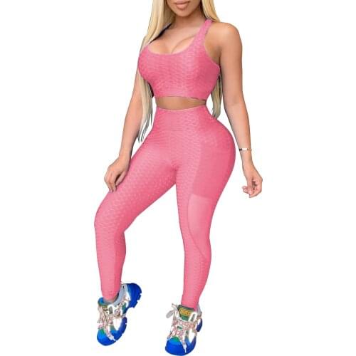 9 Colors Women 2 Piece Summer Sports Outfits Ladies Sleeveless Textured Sports Bra+High Waist Leggings Set Running Tracksuit