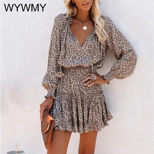 WYWMY Spring Summer Women V-Neck Cheetah Ruffles Long Sleeve & Camisole Dress Leopard Print Dress Femlae Elegant Chic Dresses