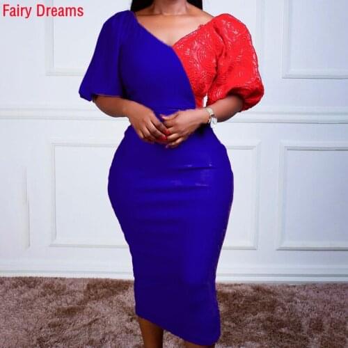 African Ladys Temperament Commuter High Waist Puff Sleeve Contrast Color Fashion Office Dress Womens Clothing Formal Wear