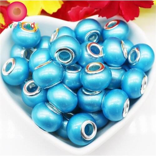 10 Pcs Blue Color Pearl Murano Beads Large Hole Glass Beads With Silver Plated Core Fit Pandora Charm Bracelet Chain Jewelry DIY