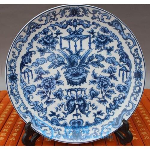Chino clásico porcelana antigua azul y blanco Placa de porcelana puede fruta placa decoración + soporte
