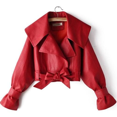 Spring Autumn PU Leather Jacket Women Lapel Chic Ladies Short Coat Flare Sleeve Beige Red Black Motorcycle Jackets Bow Overcoat