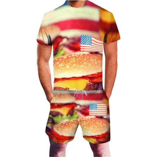 64# Mens Sets Summer American Flag Burger 3d Printing Short Sleeve T-shirt&shorts Mens Sets Independence Day Casual Suit